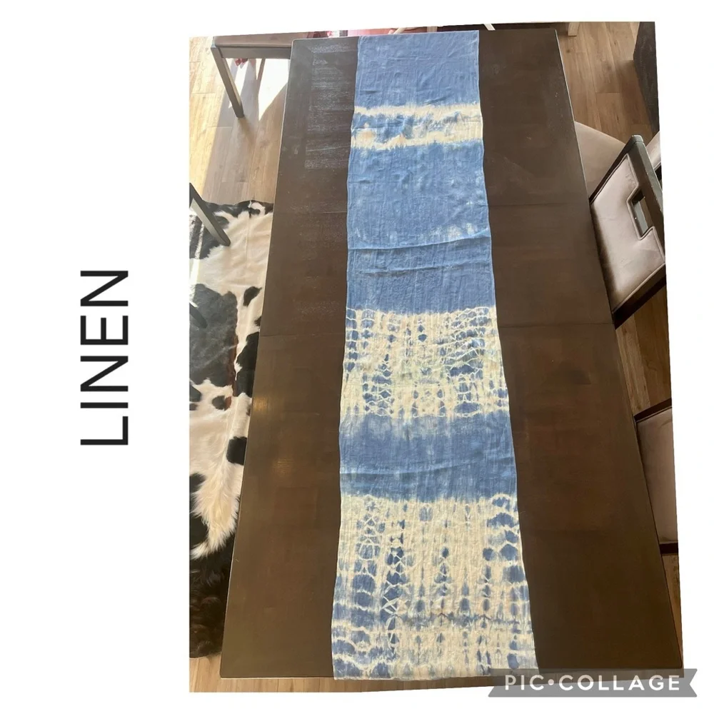 100% Linen Hand-Dyed Shibori Table Runner Blue Cream Boho Coastal 18x100